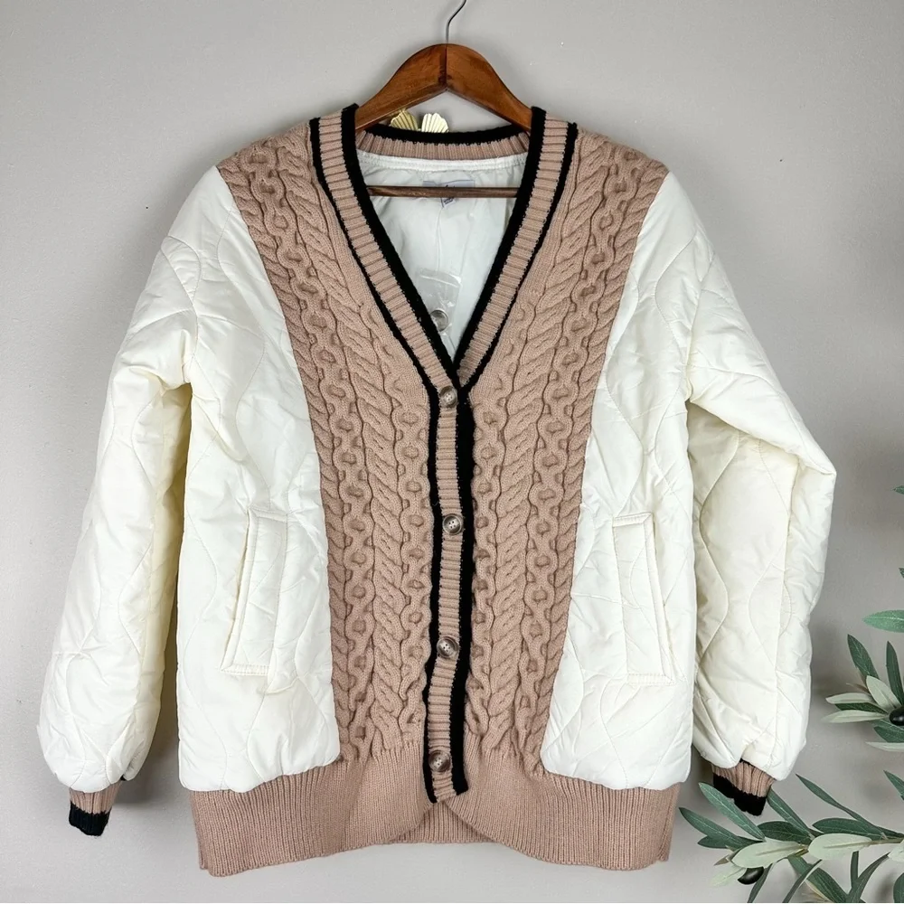 POLAGRAM Women's Braided Harmony Button Quilted Cardigan Bomber Jacket Beige Tan
